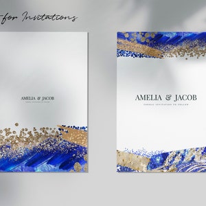 May include: Two wedding invitation cards with a white background. The design features blue brushstrokes, gold glitter accents, and the names "AMELIA & JACOB". The text "Perfect for Invitations" is at the top.