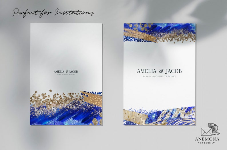 May include: Two wedding invitation cards with a white background. The design features blue brushstrokes, gold glitter accents, and the names "AMELIA & JACOB". The text "Perfect for Invitations" is at the top.