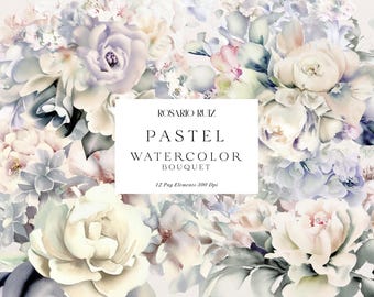 Clipart floral aquarelle pastel : bouquets de fleurs PNG (téléchargement numérique)