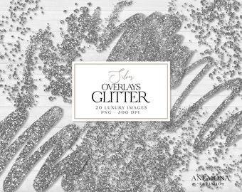 Silver Glitter Confetti Clipart Overlays: Sparkling PNG Elements (Digital Download)