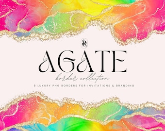 Rainbow Agate Borders PNG Clipart, Marble and Gold Glitter Veins Borders for Wedding Invitations, Branding, Design Cards, Digital download