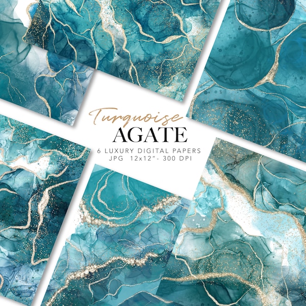 Turquoise Agate digitales Papier - Teal Marmor Papier - Alkohol Ink Papier - Aqua Texture Papier - Druckbares digitales Geode Papier für den kommerziellen Gebrauch