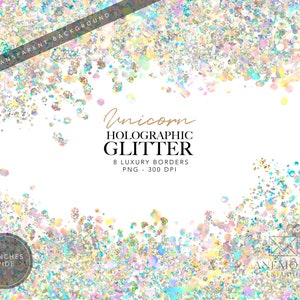 Holographic Glitter Borders Clipart: Iridescent Confetti Overlays (Digital Product)