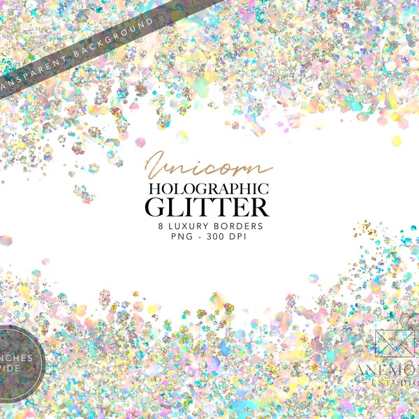 Glitter Borders Clipart - Superpositions de paillettes -bordure de paillettes holographiques - confettis de paillettes irisés - Cadre holographique scintillant