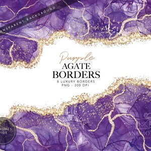 Clipart di bordi in agata viola, clipart di geode acquerello ametista - Bordo in marmo glitterato oro - download immediato - uso commerciale