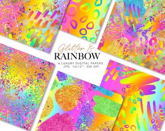 Regenbogen Glitzer Digitales Papier: Abstrakte 80er Jahre Muster (Kommerzielle Nutzung)