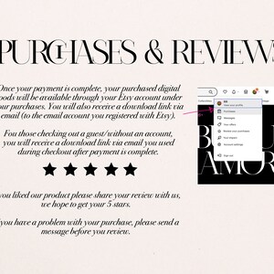 May include: A graphic with the text "PURCHASES & REVIEWS" and instructions on how to access digital goods purchased on Etsy. It includes a screenshot of the Etsy profile menu, with the "Purchases" option highlighted. The image also features a five-star rating graphic.