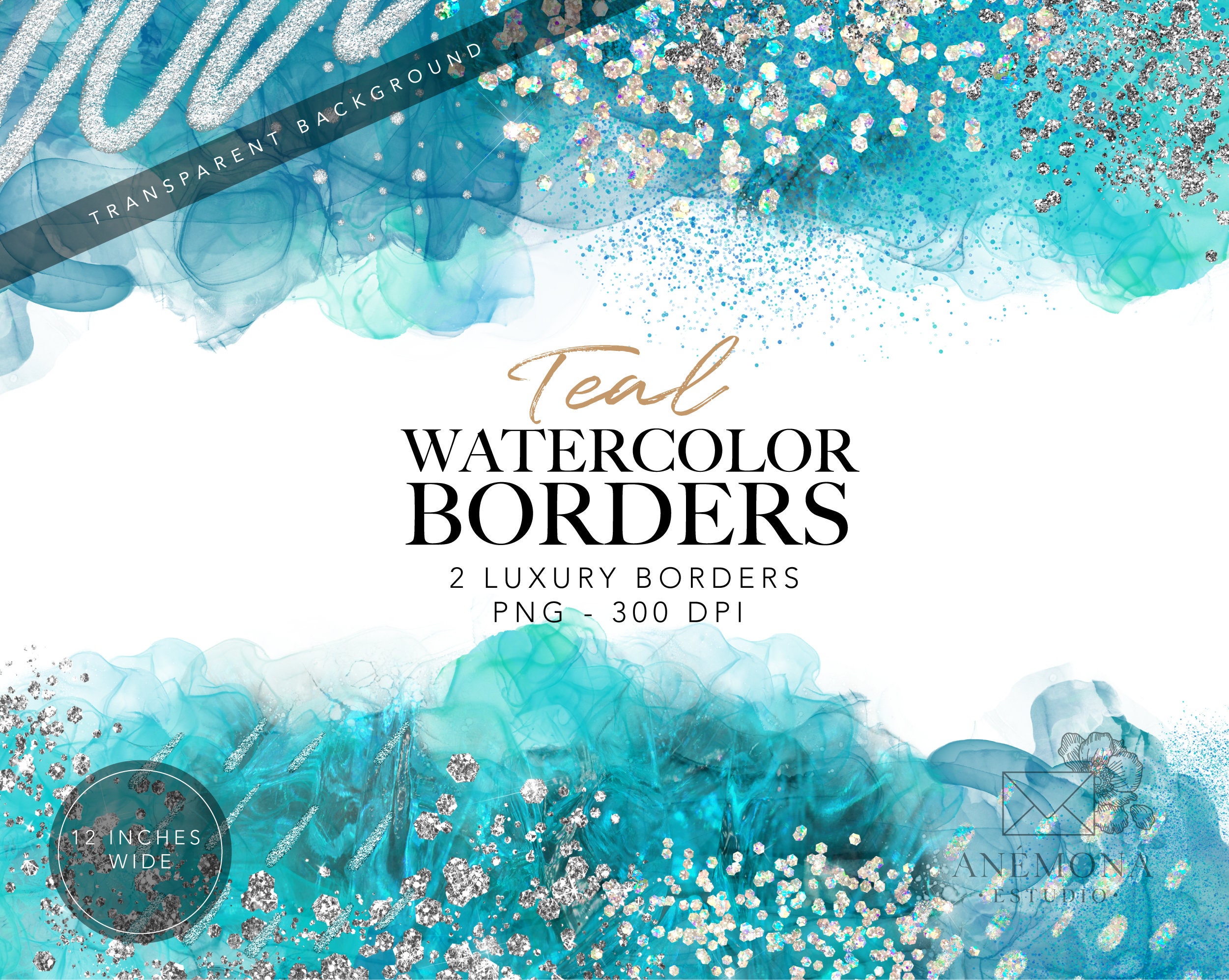 Teal Watercolor Border Clipart Edges Glitter Border Aqua Etsy