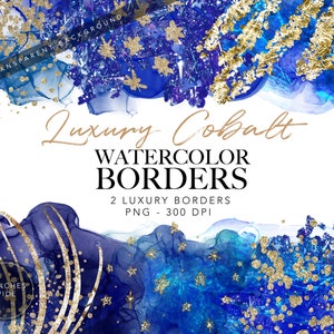 Blue Cobalt Watercolor Border Clipart: Gold Glitter Frame (Digital Download)