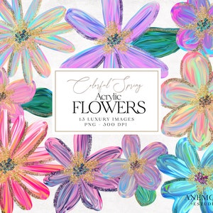 Clipart floral acrílico, superposiciones de flores holográficas, flores con brillantina, clipart de flores, flores pintadas al óleo, descarga instantánea, uso comercial