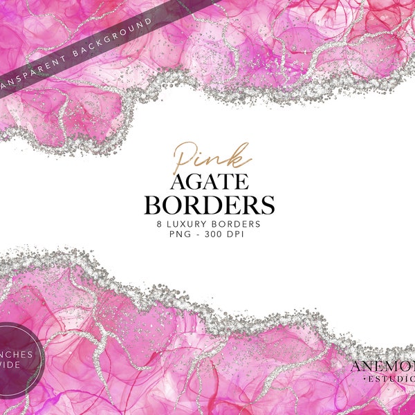 Pink Agate Borders clipart, Pink Watercolor geode clipart - Silver glitter pink marble border -  instant download - commercial use