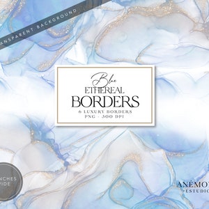 Blue Alcohol Ink clipart border - delicate design - Watercolor border - Gold watercolor overlays  - commercial use