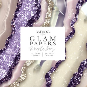 Carta digitale glamour con glitter scintillanti, viola e avorio, texture di quarzo geode di marmo agata metallizzata, sfondi digitali di lusso