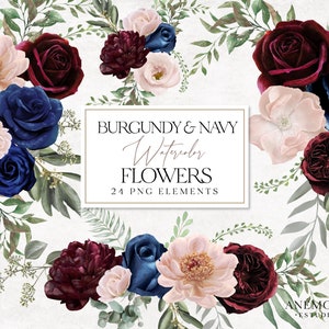 Clipart floral de acuarela burdeos y azul marino - Clipart de flores de acuarela - Clipart de flores de acuarela, Diseño de bodas, Flores elegantes