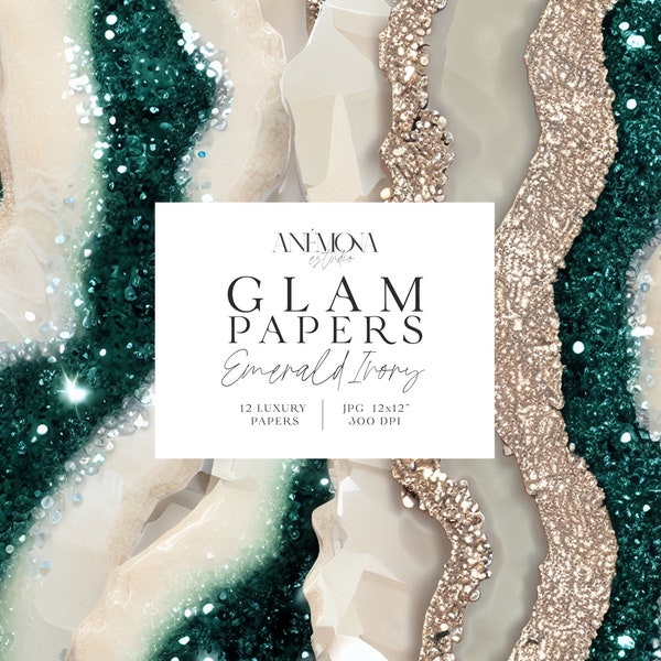 Emerald green Ivory Sparkling Shiny Glitter Glamorous Digital Paper, Metallic Agate Marble Geode Quartz Texture, Luxury Digital Backgrounds