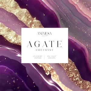 Op de afbeelding: Paarse en gouden agaat digitale papierachtergrond met de tekst "Agate Amethyst" en "12 Luxury Papers JPG 12x12" 300 DPI"