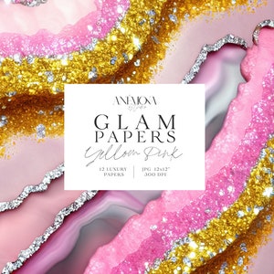 Carta digitale glamour con glitter scintillanti rosa e gialli, texture di quarzo geode di marmo agata metallizzata, sfondi digitali di lusso