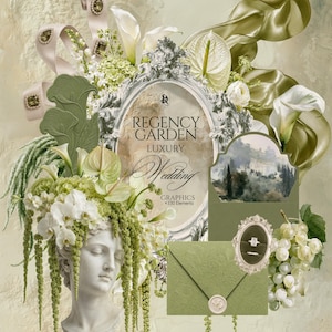Puede incluir: Un conjunto gráfico digital titulado Regency Garden Luxury Wedding que presenta un busto clásico blanco adornado con orquídeas blancas y amaranto verde colgante, un marco plateado ornamentado, un sobre verde con sello de cera y uvas verdes.
