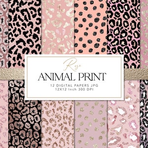 May include: A set of 12 digital papers featuring pink and black animal print patterns with gold glitter accents. The papers are 12x12 inches and 300 DPI.
