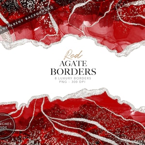 Clipart di bordi in agata rossa, clipart di geode acquerello rosso - Bordo in marmo rosso glitter argento - download immediato - uso commerciale