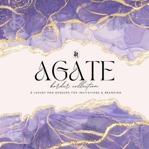 Pode incluir: Design digital com fundo rosa claro e borda em estilo ágata roxa e dourada. O texto "AGATE border collection" está em preto, juntamente com a frase "8 luxury PNG borders for invitations & branding."