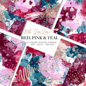 Carta digitale bordeaux e rosa - Carta astratta glitterata - Carta con inchiostro alcolico - Motivo moderno senza soluzione di continuità - Uso commerciale