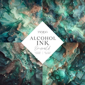 Smaragd Alkohol Tinte Muster, Flüssigfarben Texturen, Elegante und Glamouröse Schimmer Hintergründe, Alkohol Tinte Digitale Papiere Sublimation