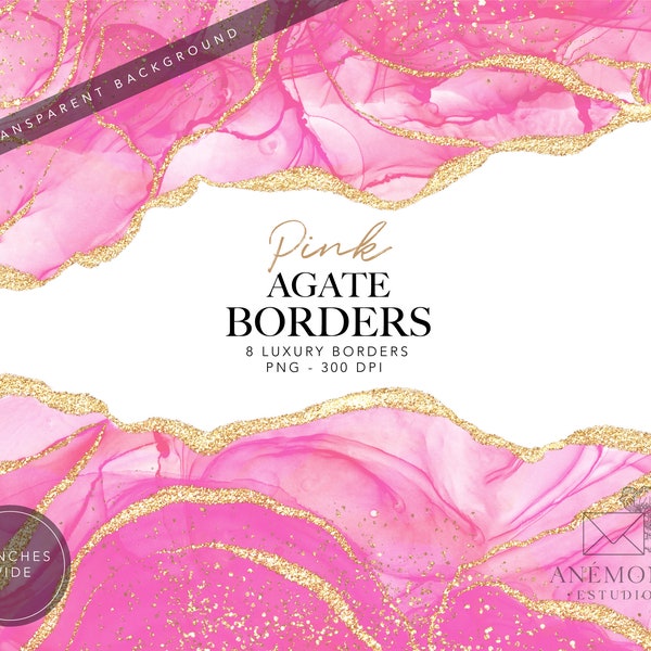 Pink Agate Borders clipart, Pink Watercolor geode clipart - Gold glitter pink marble border -  instant download - commercial use