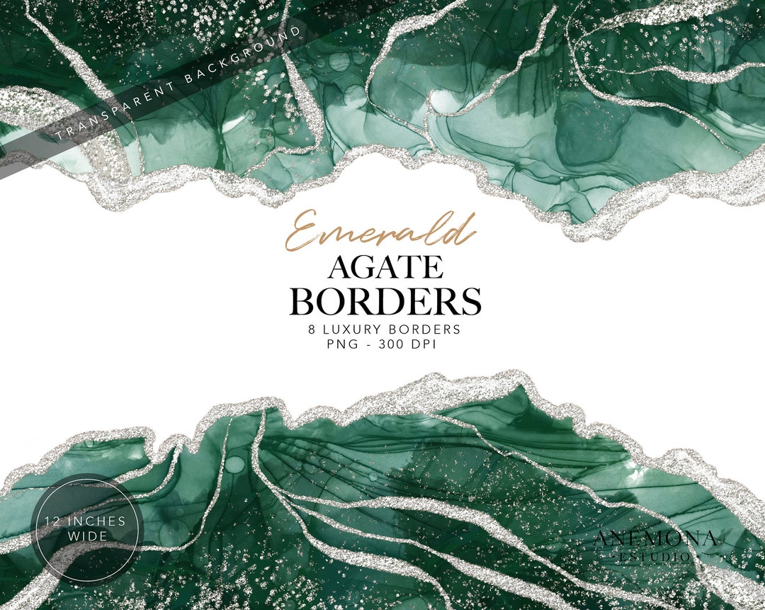 Green Emerald Agate Borders Clipart, Watercolor Geode Clipart Silver