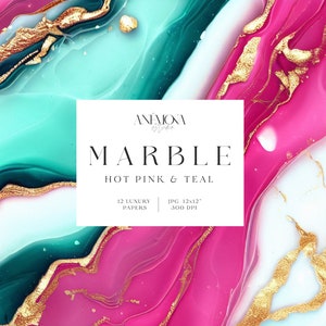 May include: Abstract marble digital paper background in hot pink, teal, and gold. 12 luxury papers, JPG 12x12", 300 DPI.