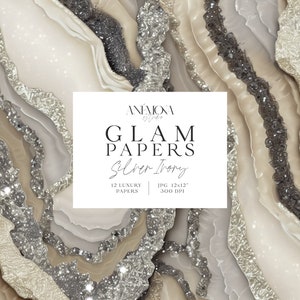 Carta digitale glamour, glitter scintillante, avorio argento, texture di quarzo geode di marmo agata metallizzata, sfondi digitali di lusso