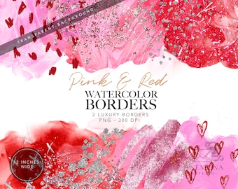 Valentijnsdag grens clipart, aquarel glitter roze en rood alcoholinkt frame, afdrukbaar dagboekpapier, scrapbooking, digitale download