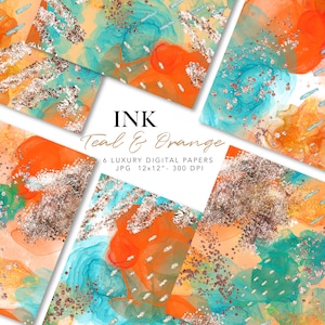 Könnte beinhalten: Teal- und orangefarbener abstrakter Digitalpapier-Pack mit goldenen Glitzer. 6 digitale Papiere, 12x12 Zoll, 300 DPI.  INK Teal & Orange.