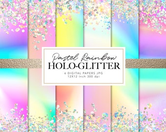 Pastel Rainbow Glitter Digital Paper: Iridescent Ombre Textures (12x12" JPG)