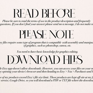 May include: A cream-colored digital product information sheet with black text. The text includes "READ BEFORE," "PLEASE NOTE," and "DOWNLOAD FILES." Instructions are provided for accessing files and using compatible programs like Photoshop and Canva.