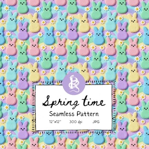 May include: A seamless pattern featuring rows of colorful bunny-shaped candies in pastel shades of pink, green, yellow, blue, and purple, interspersed with small white daisy flowers. The text "Spring time Seamless Pattern" is displayed on a white rectangle.