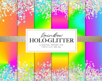 Neon Rainbow Glitter Digital Paper: Ombre Iridescent Textures (Digital Download)