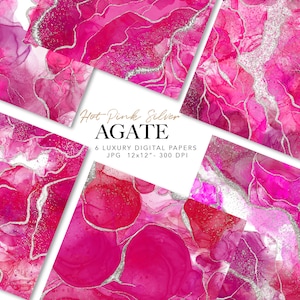 May include: Six digital papers featuring abstract agate designs in hot pink and silver. The papers are 12x12 inches and 300 DPI.