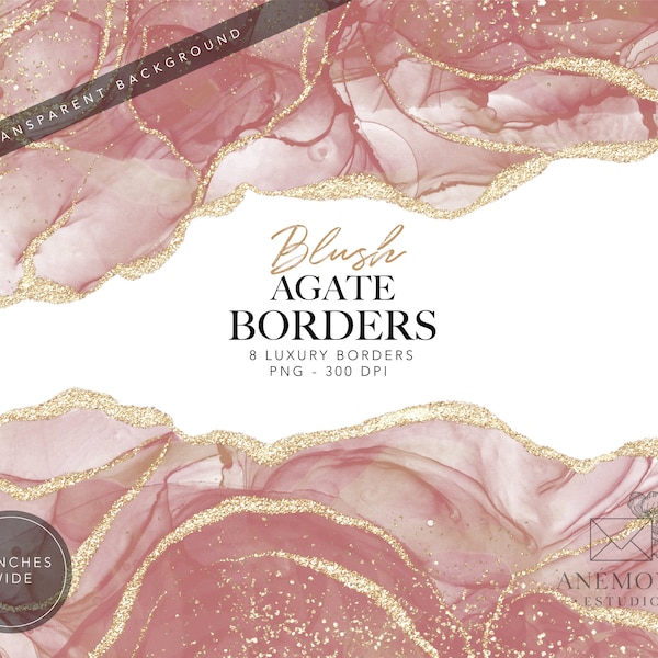 Blush  Agate Borders clipart, Rose Watercolor geode clipart - Gold glitter marble border -  instant download - commercial use