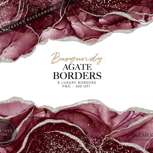 Burgundy Agate Borders clipart, Burgundy Watercolor geode clipart - Silver glitter  marble border -  instant download - commercial use