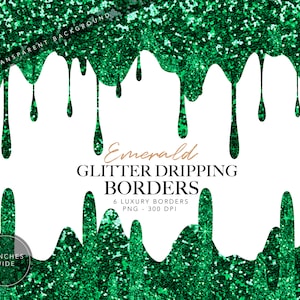 Groene smaragd druipend, groene infuusranden, druipt glitterranden, smaragdgroene druipt grenzen clipart, glitter glazuur illustraties