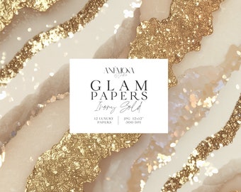 Ivory Gold Sparkling Shiny Glitter Glamorous Digital Paper, Metallic Agate Marble Geode Quartz Texture, Luxury Digital Backgrounds