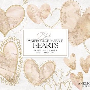 Cuori acquerello arrossiti, San Valentino, cornici con cuori glitterati dorati Cip Art, PNG trasparenti, download immediato per uso commerciale