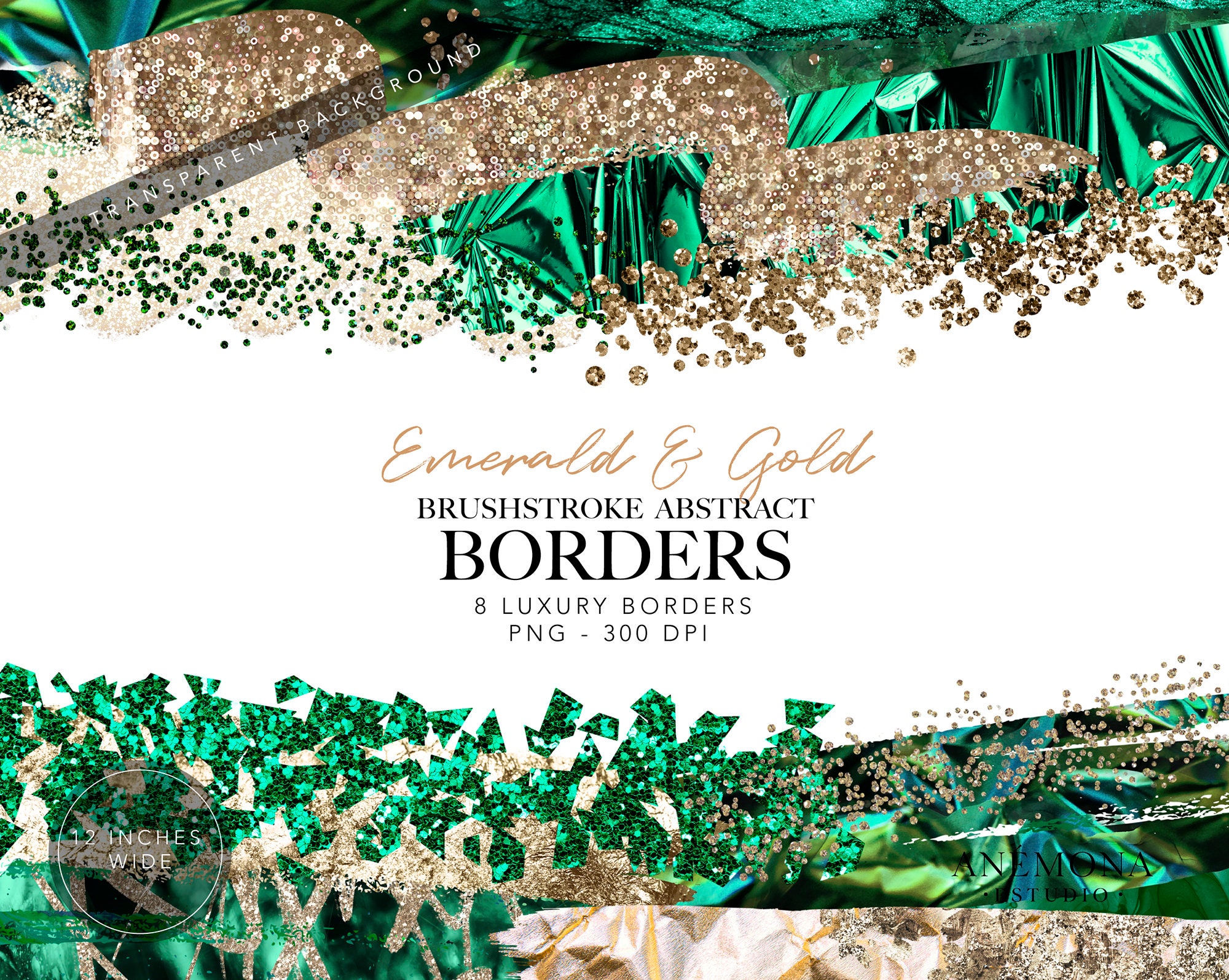 Emerald & Gold Glitter Border Clipart: Abstract Metallic Frames ...