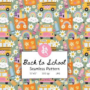 May include: A seamless pattern with school buses, pencils, crayons, rainbows, and smiling daisies on a pale green backdrop. The text "Back to School" is displayed in a white rectangle. The pattern is 30.48cm x 30.48cm.