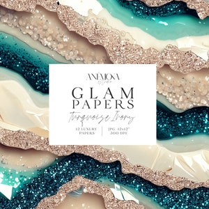 Carta digitale glamour con glitter scintillanti, turchese e avorio, texture di quarzo geode di marmo agata metallizzata, sfondi digitali di lusso