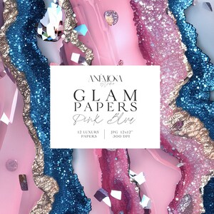 Carta digitale glamour con glitter scintillanti rosa e blu, texture di quarzo geode di marmo agata metallizzata, sfondi digitali di lusso