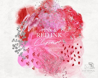 Valentijnsdag clipart, abstracte aquarel glitter splash roze en rode alcoholinkt texturen (PNG Instant Download)