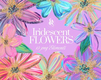 Flowers PNG - Floral Clipart - Rainbow colorful Holographic Flowers with gold glitter foil, holo botanical graphics, digital download