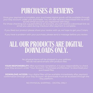 Puede incluir: Gr&aacute;fico de color lila con texto blanco que detalla el proceso de descarga digital para compras en Etsy. El texto incluye informaci&oacute;n sobre el acceso a archivos, rese&ntilde;as y la naturaleza digital de los productos. La frase "Compras y rese&ntilde;as" est&aacute; en la parte superior.